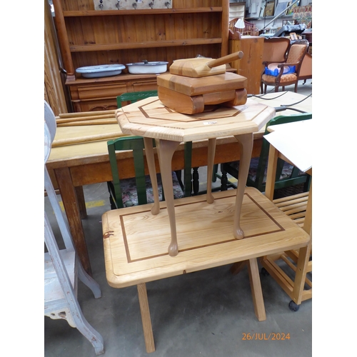 2302 - Two pine coffee tables with oak inlay and a model tank