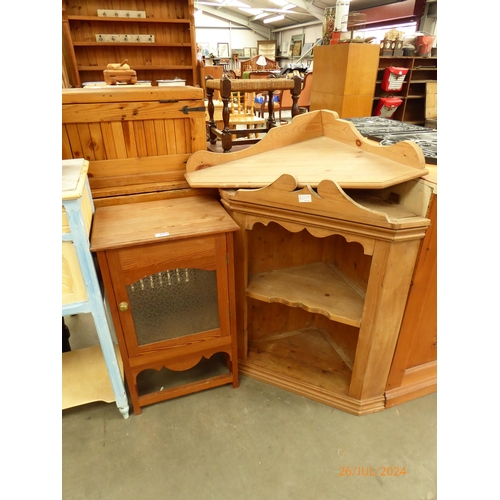 2313 - A pitch pine lift-top pot cupboard with frosted glass door corner cupboard and a shelf (3)