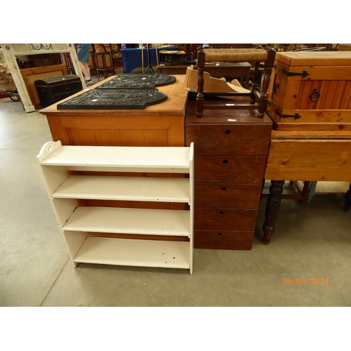 2316 - A painted shelf, a five drawer chest of drawers and a cane topped stool (3)