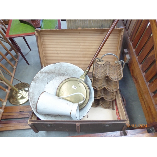 2392 - A travel case containing enamel wah jug and bowl, bottle rack and bed pan