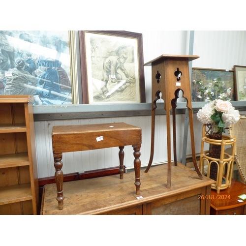 2416 - An oak jardiniere stand with pierced detail together with a mahogany bidet (2)