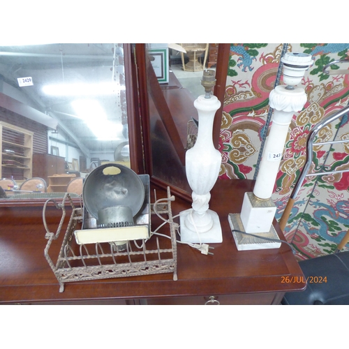 2431 - Two marble lamps and metal wares