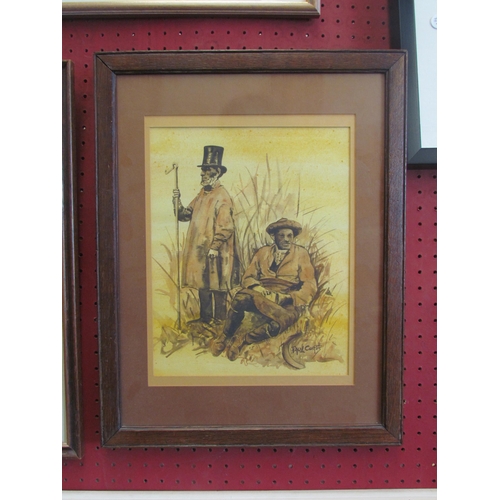 1059 - PAUL CURTIS: A watercolour of two sheep farmers, signed lower right, framed and glazed, 30cm x 23cm ... 