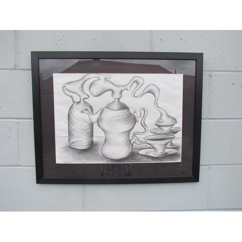 1349 - A framed pencil drawing of a stylised still life tea set, indistinctly signed lower left. Framed and... 