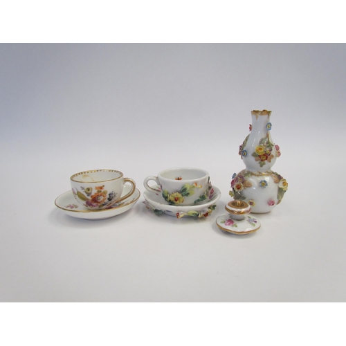 1356 - Three Victorian Meissen miniatures - two cups and saucers and one scent bottle