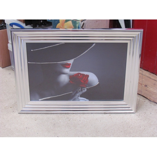 1466 - A mixed media image of female in wide brim hat, red lips and rose, silver coloured frame, 38cm x 58c... 