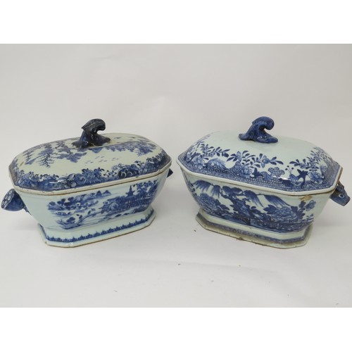 6017 - Two 18th Century Oriental export lidded soup tureens, one with chip and crack, the other with Lotus ... 