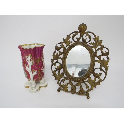 6063 - 19th Century porcelain vase and free standing gilt metal mirror, 17cm x 29cm tall