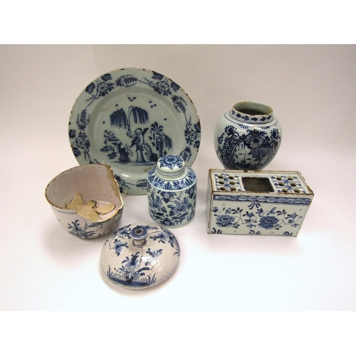 6004 - Delft wares including 18th Century flower brick/tulip holder and early 19th Century vase all with ar... 