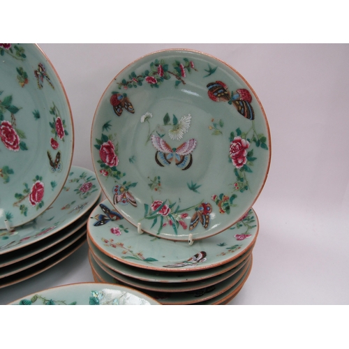 6009 - 19th Century Chinese export celadon green glazed plates with butterfly detail, 26cm and 20cm diamete... 