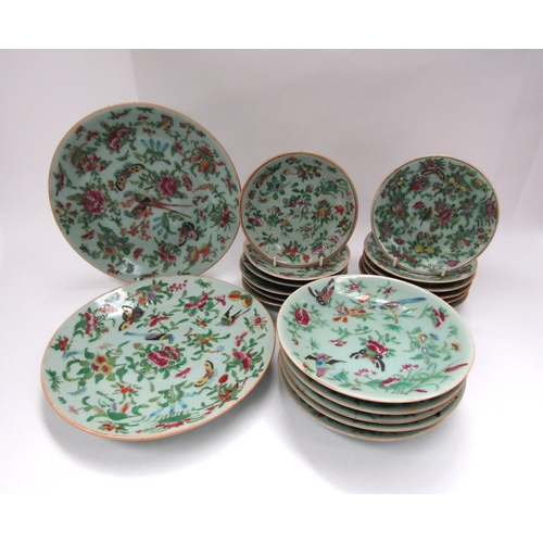 6018 - 19th Century Chinese export celadon green glazed plates of various sizes  with butterfly and bird de... 