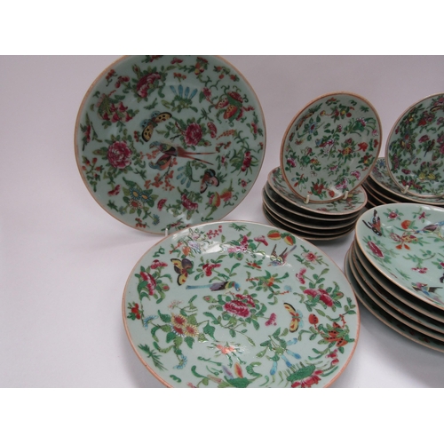 6018 - 19th Century Chinese export celadon green glazed plates of various sizes  with butterfly and bird de... 