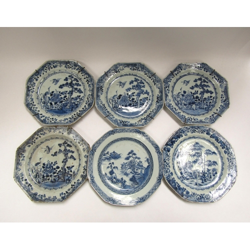 6008 - Six late 18th Century Oriental export octagonal blue and white plates with various patterns includin... 