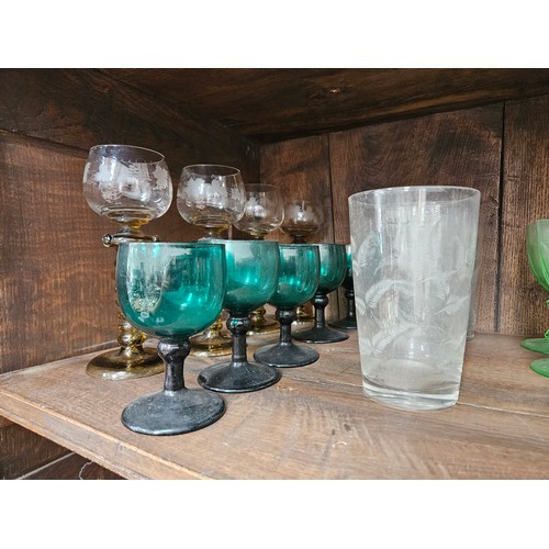 6054 - Twenty four 19th Century and later mixed drinking glasses including Hock, coloured glass, fern tall ... 