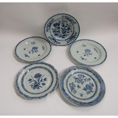 6014 - Four 19th Century blue and white plates, most cracked or repaired and a bowl with colbolt blue vase ... 