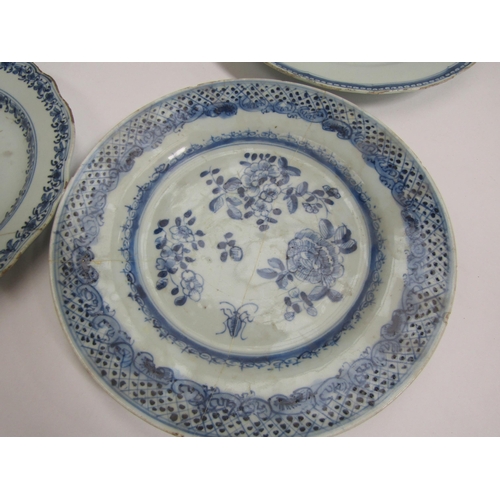 6014 - Four 19th Century blue and white plates, most cracked or repaired and a bowl with colbolt blue vase ... 