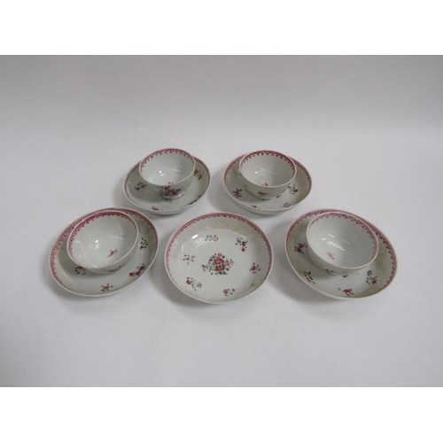 6022 - Four 18th Century Newhall tea bowls and saucers and an extra saucer. Diameter of bowl is 7cm and sau... 