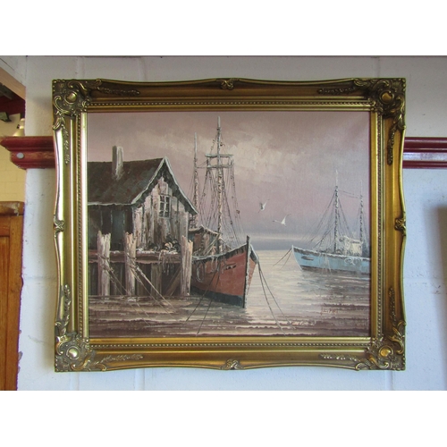 1015 - JIM FORD: An oil on canvas depicting moored fishing boats, signed lower right, gilt framed, 40cm x 4... 