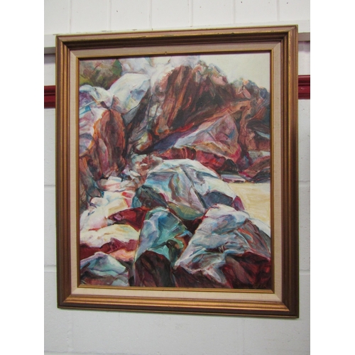 1039 - VIRGINIA GEER (XX): A vibrant acrylic of rocky coast, signed lower right, framed, 59.5cm x 49cm imag... 