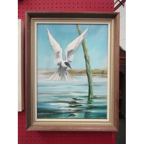 1041 - L CRISP: Oil on canvas dipicting gull in flight over water, dated '74. 40cm x 29.5cm image size