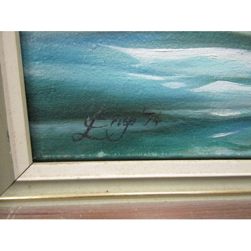 1041 - L CRISP: Oil on canvas dipicting gull in flight over water, dated '74. 40cm x 29.5cm image size