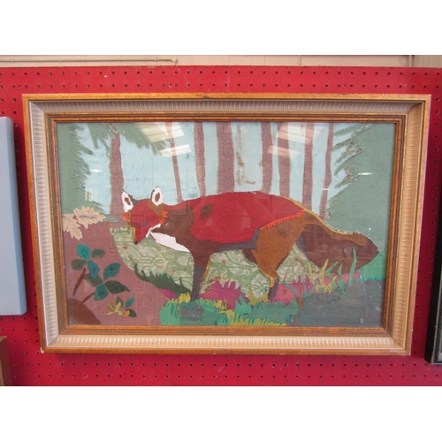 1048 - A collage of fox in wooded landscape, framed and glazed, 31cm x 49cm image size