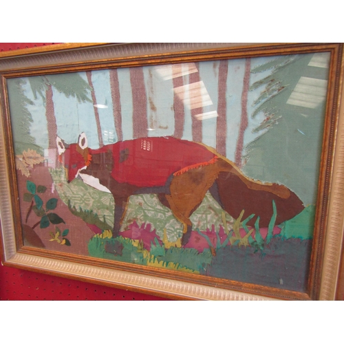 1048 - A collage of fox in wooded landscape, framed and glazed, 31cm x 49cm image size