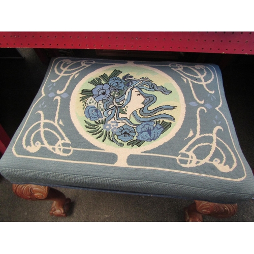 1053 - A carved walnut stool, tapestry fabric, cabriole legs with ball in claw feet