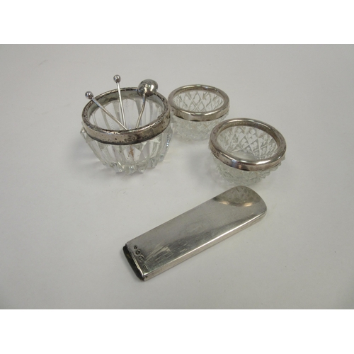 1366 - Three silver rimmed salts with three silver salt spoons and a silver paperknife handle