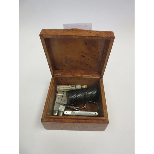 1374 - A burr walnut box with mother-of-pearl silver bladed penknife, Sheffield. A pair of steel scissors, ... 