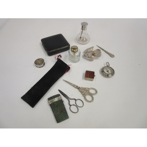 1388 - A selection of collectables include shagreen etui, a cased hunting medal, a compass, silver topped s... 