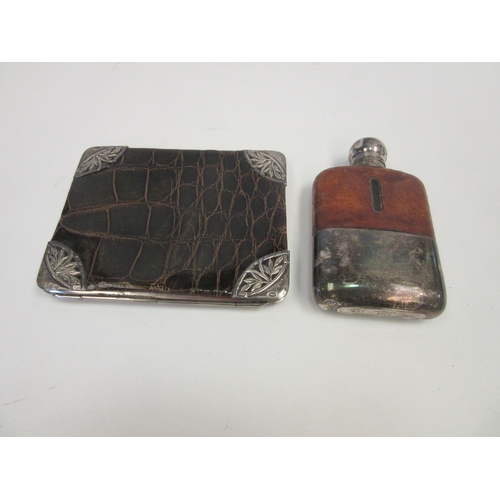 1390 - A crocodile skin wallet with silver mounts (one loose) and a hip flask (2)