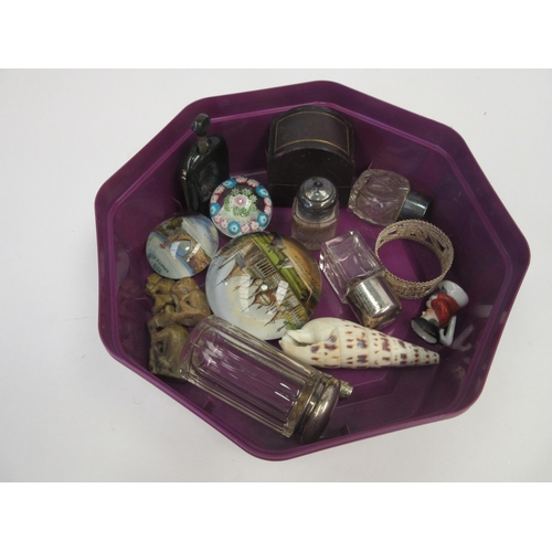 1402 - A tub of assorted items to include napkin ring in Mappin & Webb fitted case, smelling salt, cut glas... 