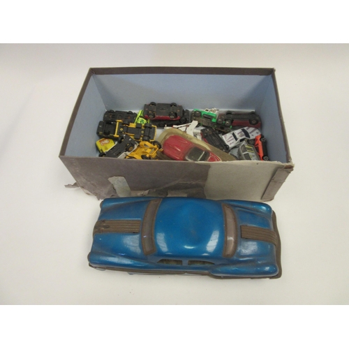 1406 - A box of played with vehicles to include Models of Yester Year, tin plate etc.