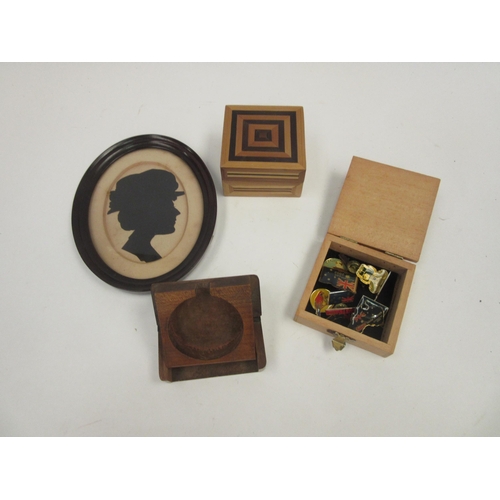 1435 - Miscellaneous items to include treen pocket watch holder, straw lidded box, pine box top reads 