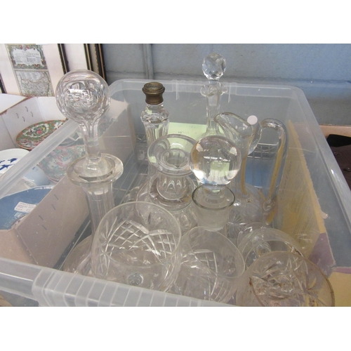 1451 - A box of miscellaneous glassware to include lamp base, decanters, wine glasses