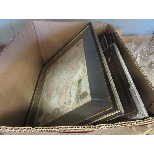 1456 - A box of miscellaneous framed images to include hand-coloured map of Essex, etching depicting 18th C... 