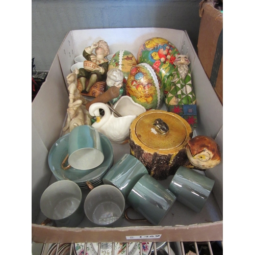 1469 - A box of miscellaneous to include a green iridescent coffee set, three card boxes in the form of Eas... 