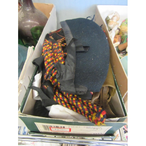 1470 - A box of textiles including cap, kid gloves, tie etc.