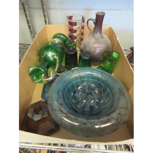 1471 - A box of miscellaneous coloured glassware to include Victorian green jug overpainted in enamel, gilt... 