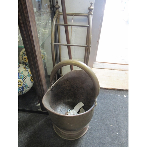 1494 - A brass four section umbrella stand, a shooting stick and a brass coal scuttle (3)