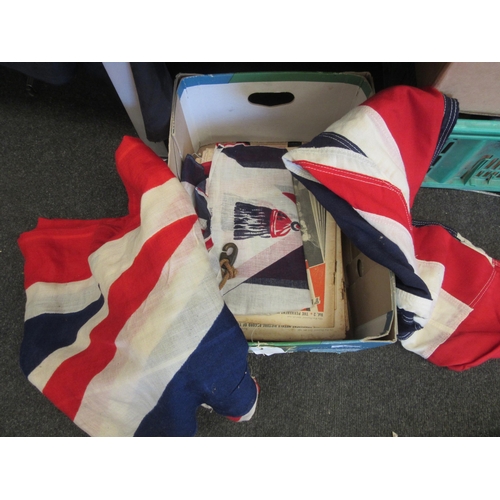 1535 - A box of miscellaneous to include a Union Jack plus two further flags and a quantity of 