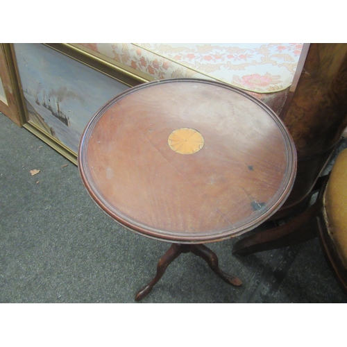 1114 - A pair of mahogany tripod wine tables with fan inlay, 52cm x 30cm diameter