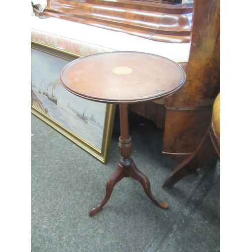 1114 - A pair of mahogany tripod wine tables with fan inlay, 52cm x 30cm diameter