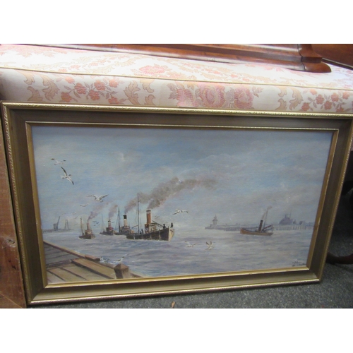 1117 - V. PALMER: Oil on canvas board depicting fishing smacks, signed lower right, framed, 35cm x 65cm ima... 