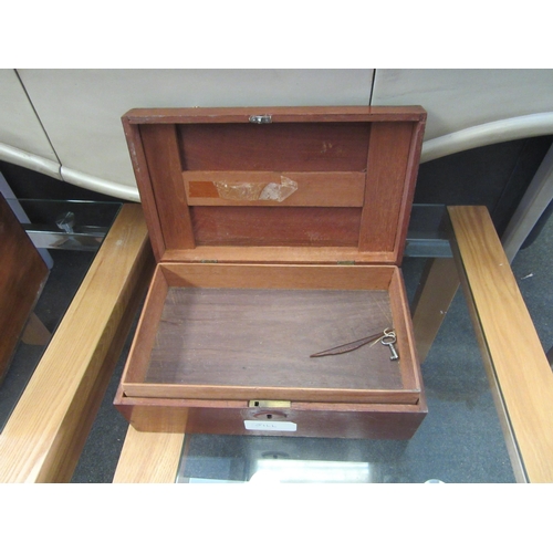 1149 - A pine box with brass carrying handle, key, and a mahogany work box a/f, key (2)