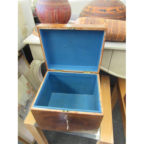 1149 - A pine box with brass carrying handle, key, and a mahogany work box a/f, key (2)