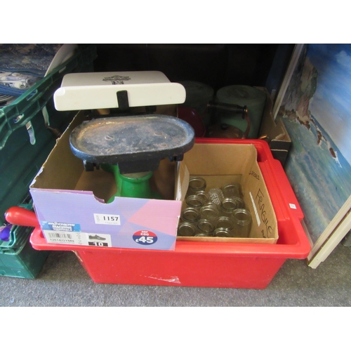 1157 - Two boxes of bygones including roller skates, scales, mincers, electric kettle, fish paste jars, etc