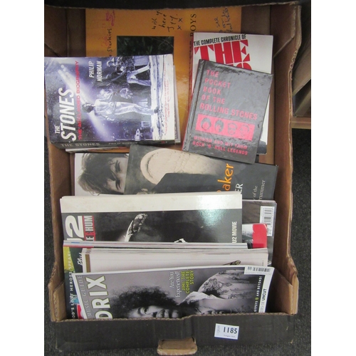 1185 - A box of music related books and magazines to include Ginger Baker 