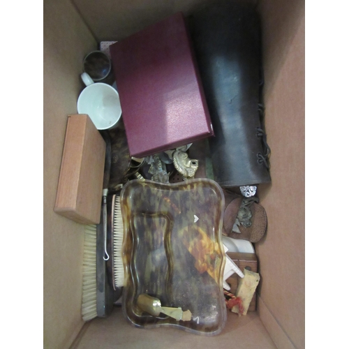 1189 - Two boxes containing plated flatware and domestic bygone items to include a vintage straw boater, a ... 